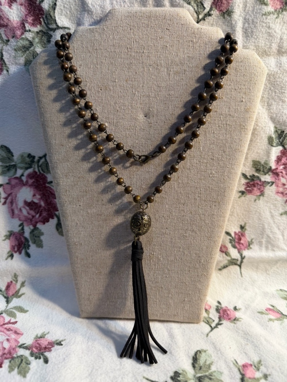Layered Brown Beaded Tassel Necklace with Antiqued Medallion Bohemian Style